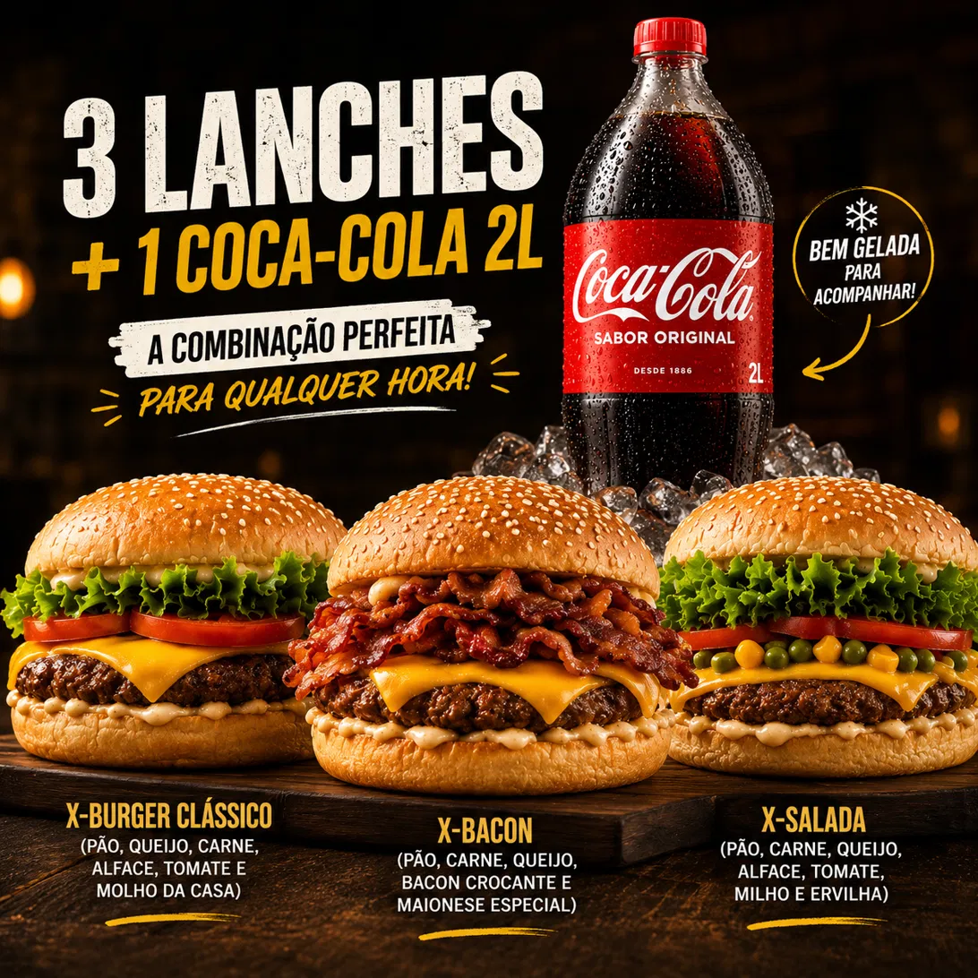 Combo com três lanches artesanais e Coca-Cola 2 litros